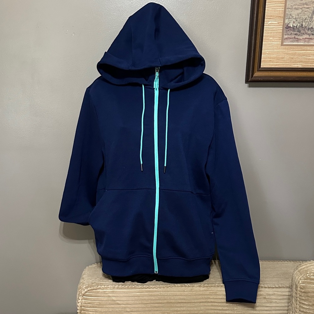 Crane Men’s Navy Blue Hoodie Jacket with Teal Trim NWT size medium